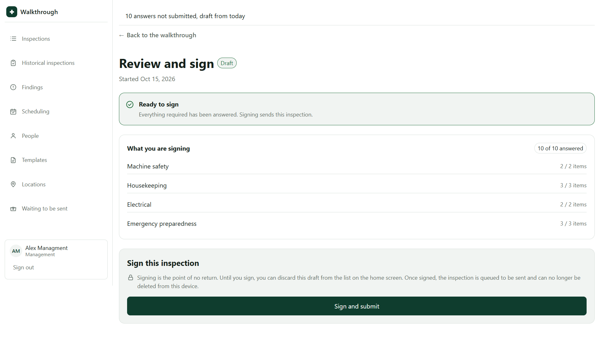 Signed inspection waiting in the device outbox