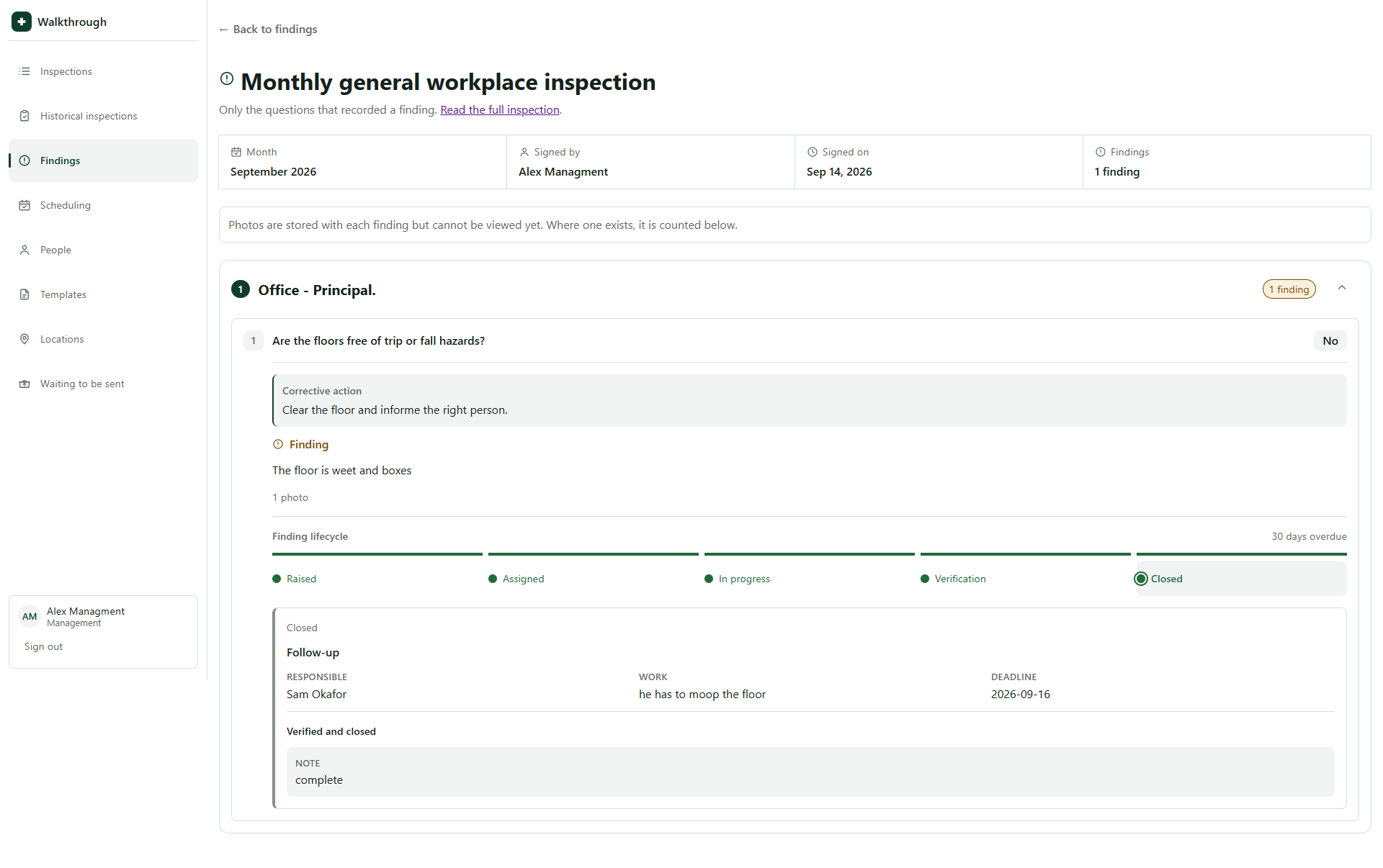 Finding evidence and corrective action lifecycle